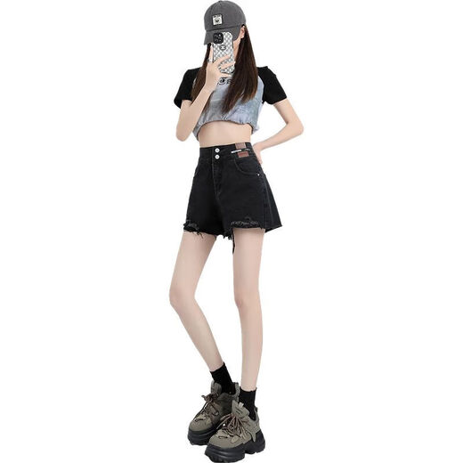 Yanrui Black Furrowed Denim Shorts für Frauen im Sommer 2025 Neues Doppelknopf-Design mit hoher Taille locker A-Line-Weitbeine schwarz qgq2047 m [100-110jin [Jin entspricht 0,5 kg]]