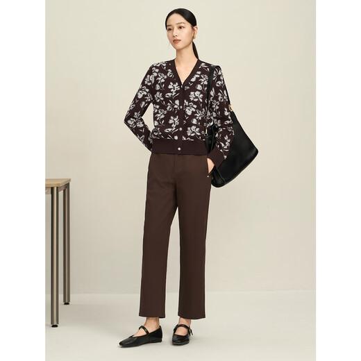 JUZUI Elegant Simple Style Artistic Jacquard Knitted Cardigan Women's 2025 Autumn New Style JLFQ30602 Flower Dark Coffee 2XL