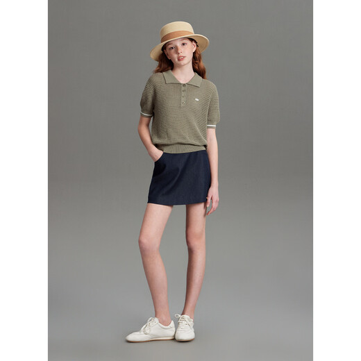 ELLE KIDS童装 钩针POLO短袖针织衫女童夏季新款法式度假镂空上衣 橄榄绿 120 （110/120）