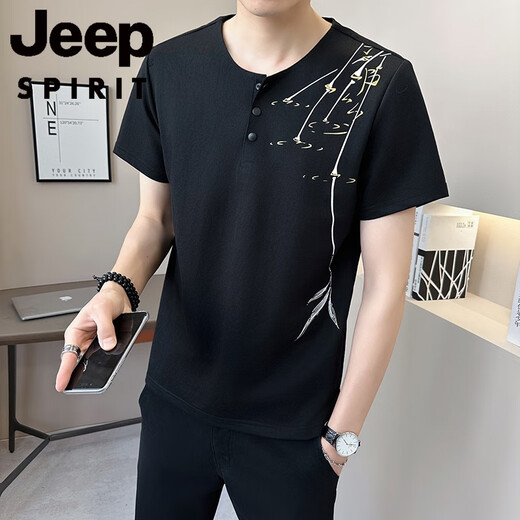 JEEP SPIRIT新中式国风v领短袖T恤男夏季亚麻2025新款透气竹子半袖男士体恤衫 9856卡其色 M (约90~105斤可穿)