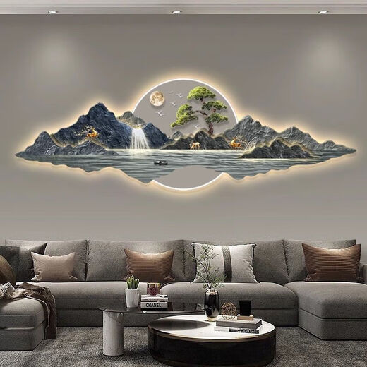 流水生财山水画新中式客厅装饰画沙发背景墙挂画大气茶室壁饰 13548 240*80精雕晶瓷画-插电遥控款