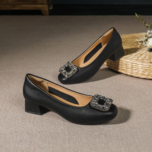 Huilijun Rock einzelne Schuhe für Frauen 2025 echtes Lederquadrat Zehen flacher Mund dicker Fersen Strass Square Schnalle Weiche Sohle nicht müde Füße Arbeit Schuhe Schwarze Y683-1 Schafmuster Strassschnalle 3.5 34
