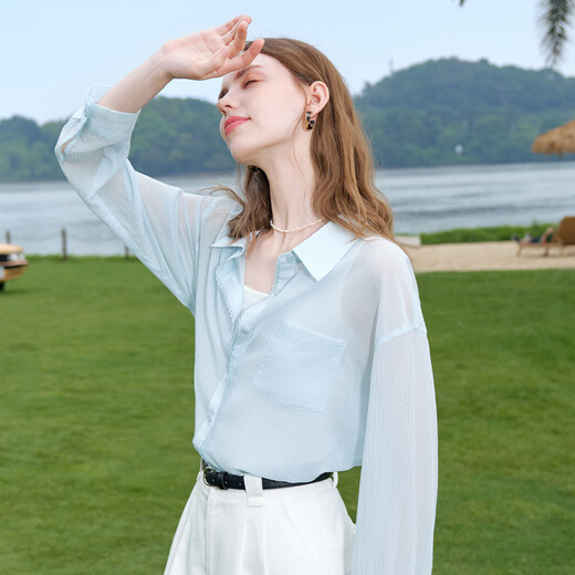 
Baitu betu women's clothing 2025 summer new shirt texture micro texture striped shirt thin coat for women 2507T31 light blue M