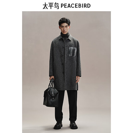 PEACEBIRD Men's Twill Wool Mid-Length Woolen Coat Men's Winter Loose Jacket Black Gray Batch M