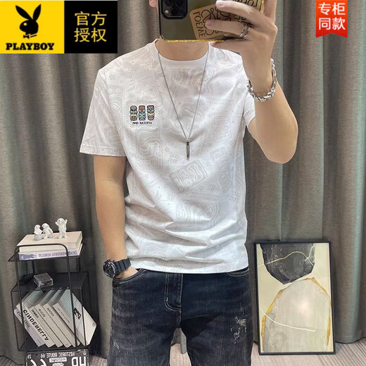 Playboy (Playboy) 2025 Summer Nueva camiseta de manga corta para hombres Estampado de cuello redondo versátil impreso de cuerpo completo