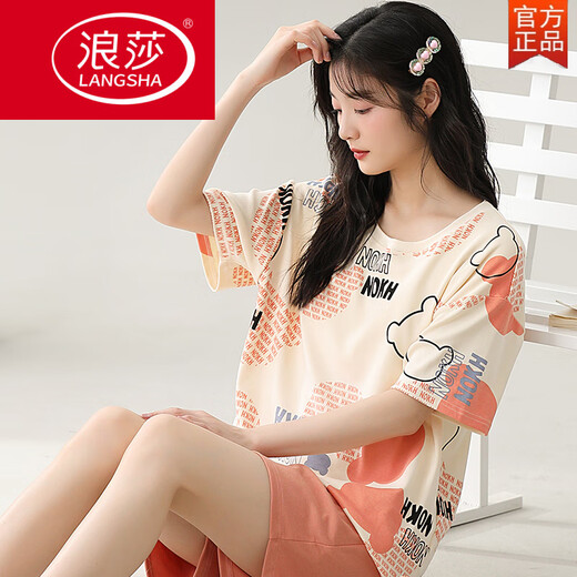 LangSha pajamas (LangSha) women's summer short-sleeved pure cotton two-piece set summer Korean style loose fresh student spring and summer thin home clothing G6630 short-sleeved L women--