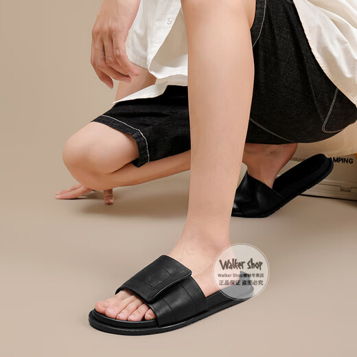 Walker Shop男士凉拖鞋【优选头层牛皮】外穿防滑潮流透气百搭时尚一字拖鞋 黑色 41