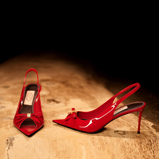 Only girl [Butterfly] 2025 summer new style fish mouth high heels cow patent leather temperament bow strap sandals women's thin heels red 7.5cm 34