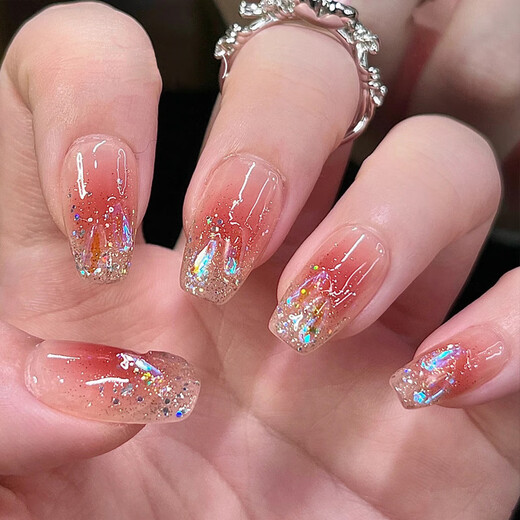 My seven-day hand-wearing nail tablets wholesale medium-length Aurora temperature glass diamond nail art finished nail patches BY1047 crystal purple butterfly phototherapy glue model