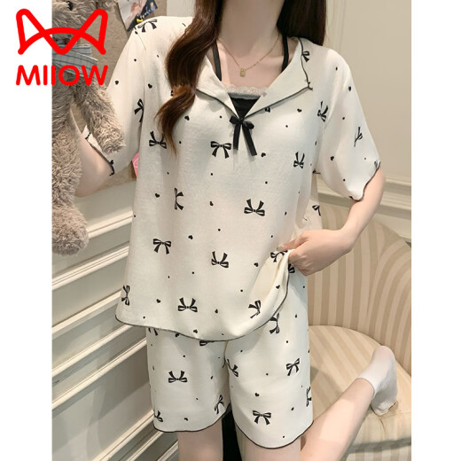 猫人（MiiOW）带胸垫睡衣女夏季甜美波点蝴蝶结短袖假两件云朵棉外穿家居服套装 A15265 厨师狗 固定胸垫 M