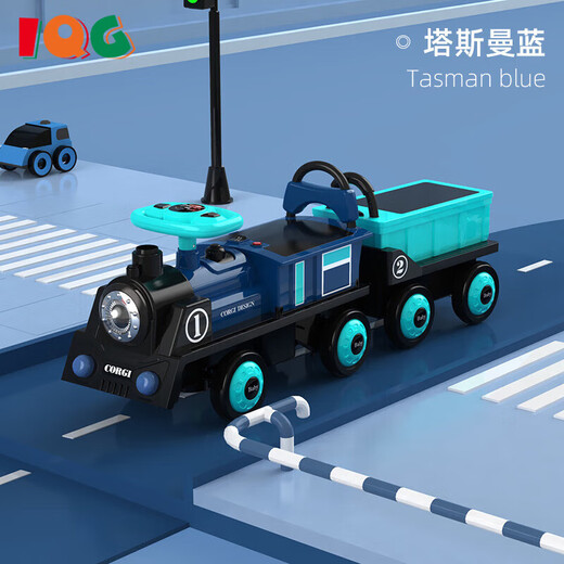 IQG品牌儿童电动车四轮遥控汽车男孩小孩宝宝玩具车小火车玩具 电动款-蓝色火车头+1节蓝色车厢