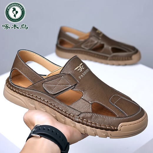 Woodpecker 2025 comfortable and versatile cowhide men's shoes for summer new genuine leather hollow hole shoes soft sole breathable beach shoes new 9197 new brown 38
