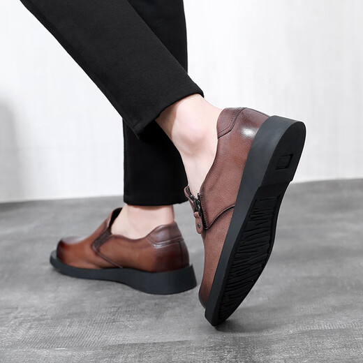 Chaussures en cuir à grande tête de Desler Version larges Round Toe Hooded Men's Chaussures For Business Casual Top Couche Cow Hide Lazy Chaussures formelles Brown 206177 Single Lower Large 41 (255 mm)