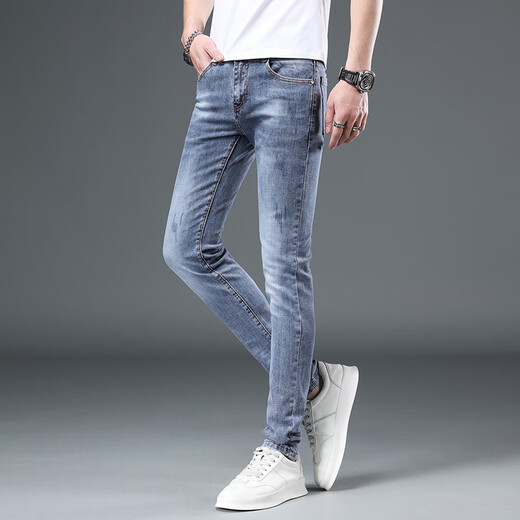 
AEMAPE new high-end jeans men's trendy summer thin slim-fitting small feet light color versatile casual elastic men's trousers blue (9901) thin 28 (100Jin [Jin equals about 0.5 kg])