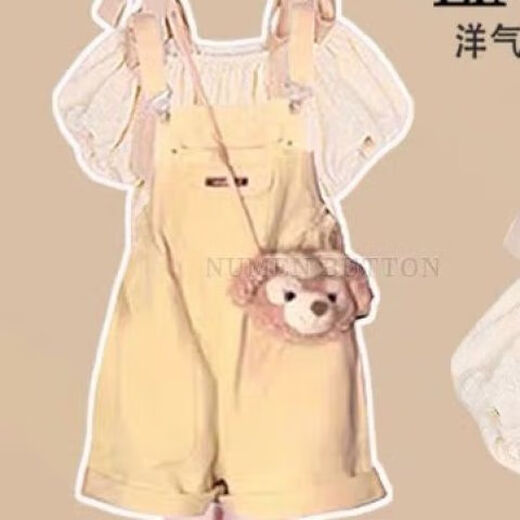 
Mikeshan girls summer suit 2025 new Ouruo style sweet short-sleeved top Academy slimming overalls two-piece set Puff sleeve top + denim overalls 150