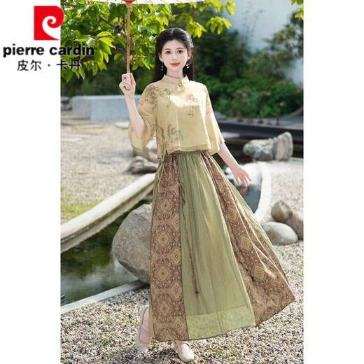 Pier Cardin summer new Chinese style oriental classical Chinese style jacquard slanted slanting temperament stand collar button top spliced ​​skirt suit 1043 green + 12161 brown L
