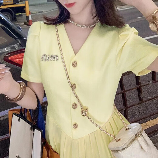 Frauen 2025 Sommer Neues französisches Design kleiner taillengekümmerter Slim Princess Kleid D1478 Yellow L [110-120jin [Jin entspricht 0,5 kg]]]