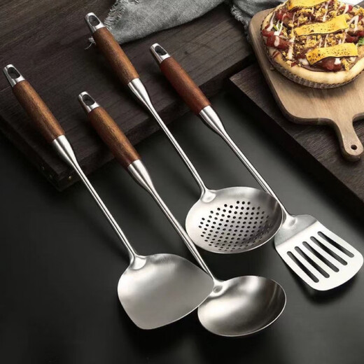 Fat Donglai thickened 316 stainless steel kitchen utensil set for home kitchen cooking spatula and ladle, German 316 material, wood grain plastic handle, spatula + soup spoon + frying spatula + colander, 4-piece set (