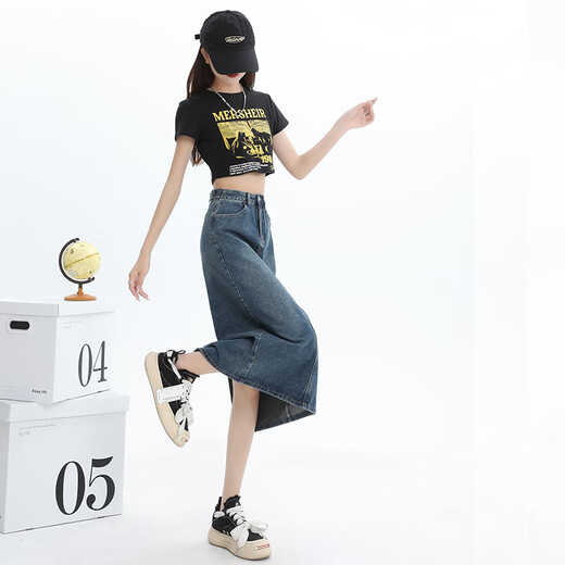 真维斯牛仔半身裙女2025夏季新款高腰显瘦开叉a字中长款复古包臀裙子女 3878怀旧蓝 L