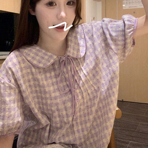 山头林村睡衣女夏季棉麻韩版小清新碎花格子娃娃领短袖家居服套装夏天学生 12346 口袋小猫 M
