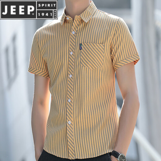 JEEP SPIRIT summer short-sleeved shirt for men, fashionable, casual, slim and handsome, with pocket-wearing trendy men's shirt striped inch shirt HST-838 yellow M (80-108Jin[Jin equals 0.5 kg])