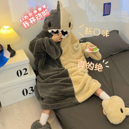 略辰搞怪情侣连体睡衣男女款秋冬季加厚珊瑚绒卡通大码睡袋毛绒家居服 单件睡袍 4840单袍 M