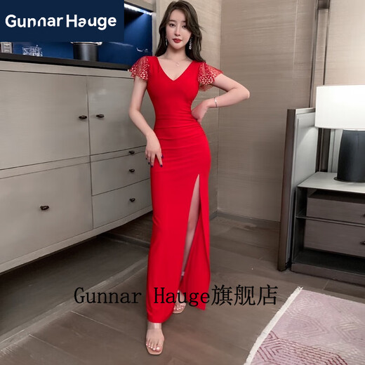 Gunnar Hauge性感礼服性感洋装低胸气质晚礼服长版足浴桑拿技师沐足工作服 3883黑色 M 建议95-105斤