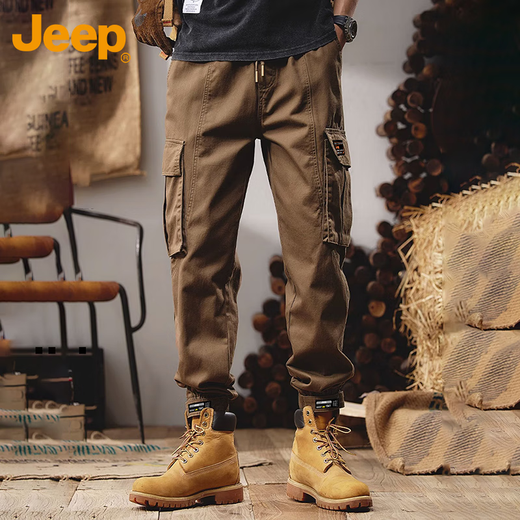 JEEP overalls men's casual pants cotton autumn and winter trendy leggings long pants men's Khaki XL