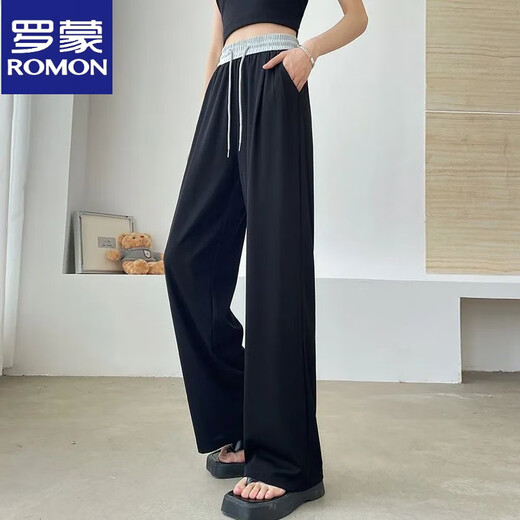 ROMON banana pants for women in casual spring and summer pants thin new high waist drooping loose small straight sporty ice silk black nine-point 4XL recommendation [145-160Jin [Jin equals 0.5 kg]]