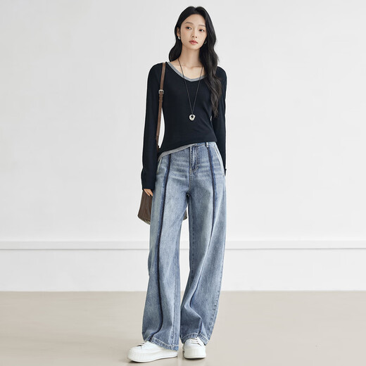 Diálogo Diseño Sense Split Straight Jeans para mujeres 2025 Autumn New Fashionable Wash Loose Slim Casual Cashilers Denim Azul [Entrega 15 días después del pago de preventa] 27