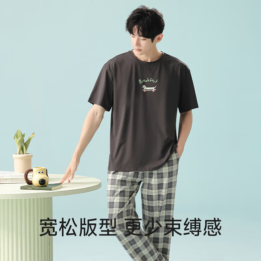 Pure cotton couple pajamas for women antibacterial Xinjiang cotton spring and summer short-sleeved trousers Korean style thin home wear set 5E5141-Men's XL