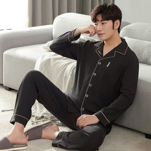 Lemon fiber pure cotton pajamas men's long-sleeved suit spring and autumn cardigans can be worn with thin home clothes in summer and winter 3524 MZ L [120-140Jin [Jin equals 0.5 kg]]