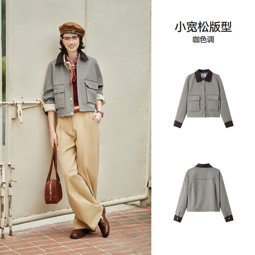 森马（Semir）外套女短款拼接灯芯绒翻领潮流宽松秋季落肩格纹夹克101524108021