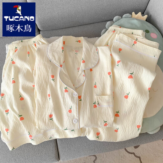 Woodpecker Sweet Rose Pure Cotton Gauze Pajamas Women's Summer Short Sleeve Shorts Trousers Three-Piece Cardigan Home Clothing Yunduo Cotton-9906# Star Puppy Three-Piece Set M [Suggested 75-100Jin [Jin equals 0.5 kg]]