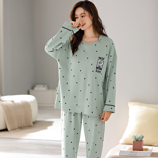 Platino große Pyjamas für Frauen 200 Jin [Jin entspricht 0,5 kg] plus Fett plus große Langschläuche 6xl Special Frühling und Herbst reines Baumwollfett MM Hellgrün 2025 Herbst- und Winter-NJR-Knc9207 L gleich groß