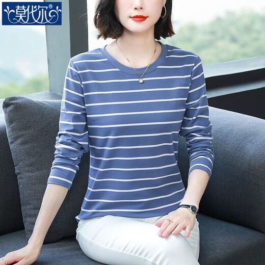 莫代尔亲肤长袖t恤女2025新款春夏宽松外穿百搭条纹上衣中年妈妈打底衫 墨绿-【866型号】 XL 建议120-135斤