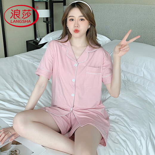浪莎轻奢2025年新款睡衣女款夏季纯棉短袖短裤夏天少女生夏款女士家居 12347带胸垫 2XL 130-150