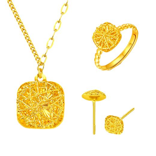Just a pair of gold-colored brushed sugar cube pendant necklace, gold ring, love earrings, heart-shaped ring, 18K set of chains for my girlfriend, brushed small sugar cube (necklace)