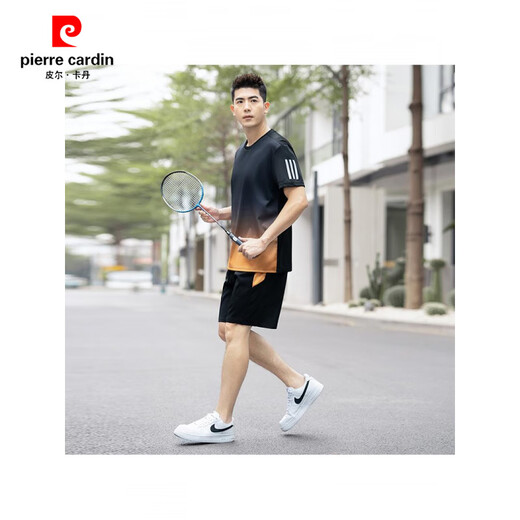 皮尔卡丹男士跑步速干休闲运动套装男夏季薄款加肥加大码短袖两件羽毛球服 蓝色 9902 L 90-110斤