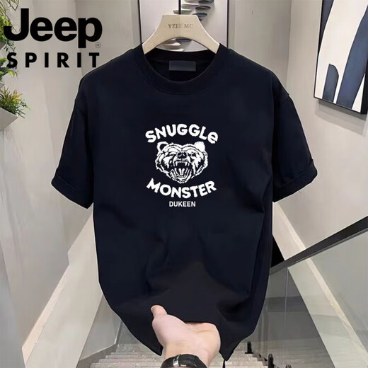 吉普（JEEP）夏季短袖t恤男士夏季新款休闲运动时尚半袖圆领宽松体恤上衣 绅士黑848 4XL 170-190斤