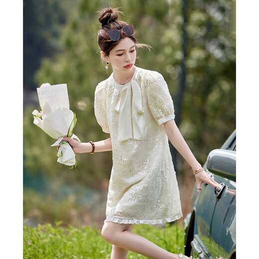 
OLJ light luxury brand dress for women 2025 summer new French small fragrance style sequin high-end slim skirt off white L