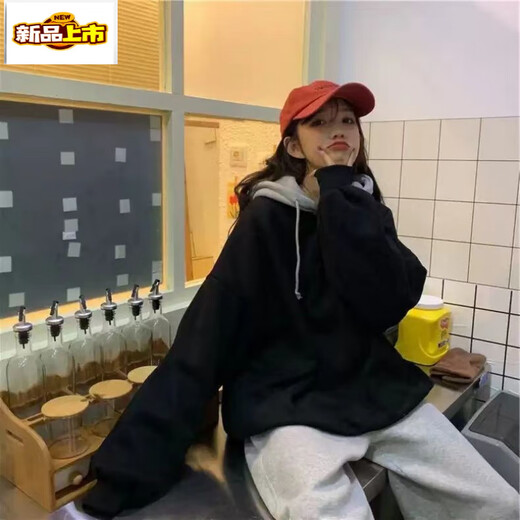 First-diameter gray hooded thickened sweatshirt new 2025 autumn and winter European goods oversize loose lazy mid-length jacket 13886 black sweatshirt S