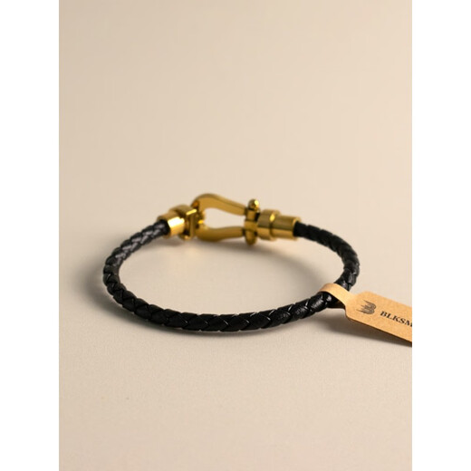 ANST Old Phoenix Gold Store Model 18K Gold-plated Sasha Flat Model Gold-plated Leather Braided Horseshoe Buckle Bracelet Bracelet Women's Hand S Black Cowhide Total Length Approximately 17.5cm/Suitable for Wrist