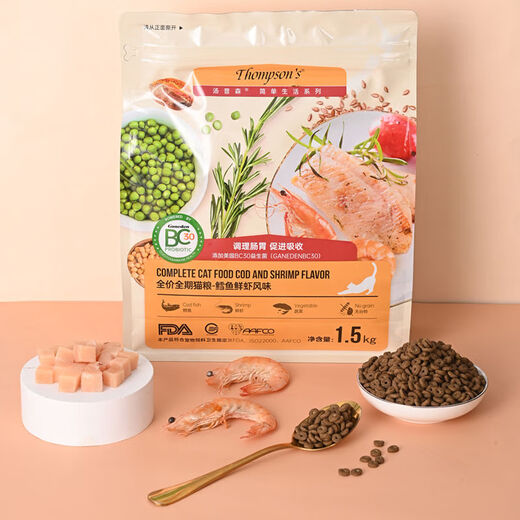 Thompson's all-stage cat food cod, shrimp, adult cats and kittens, fungus, chicken, fish, grain-free food, probiotic cat food 1.5kg