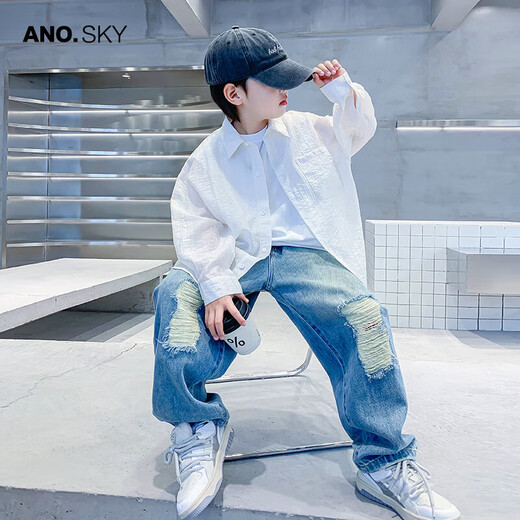 ANOTHER SKY brand authentic boys summer white long-sleeved sun protection shirt 2025 new children's light and breathable skin clothing trend white 140 cm