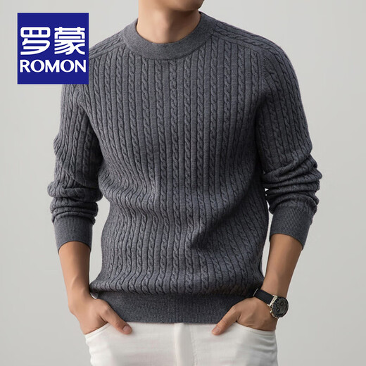 ROMON Henley collar heavyweight woolen sweater for men autumn and winter casual old money hemp pattern sweater warm base layer lace gray XL 115