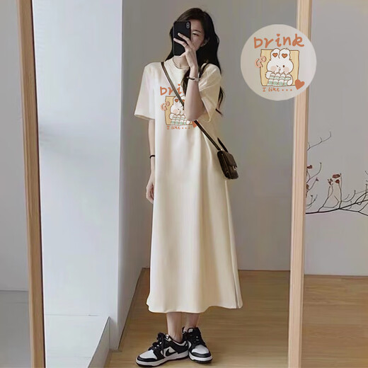 亲智（QINZHI）孕妇连衣裙夏季宽松版加大码过膝开叉短袖T恤裙潮妈时尚遮孕肚长 杏色(693款) XL