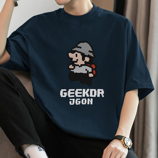 260g heavy pure cotton short-sleeved T-shirt men's summer loose round neck top fashion brand pixel printed cotton half-sleeved M09-693 black M