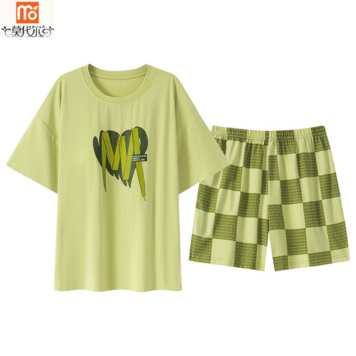 莫代尔睡衣女夏季2025年新款睡裙带胸垫凉感甜美套装可外穿格子家居服 带胸垫W12611套装 M 70-90斤