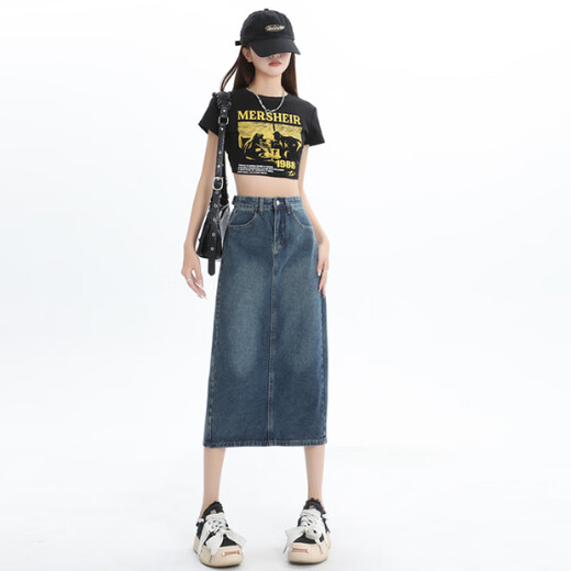 真维斯牛仔半身裙女2025夏季新款高腰显瘦开叉a字中长款复古包臀裙子女 3878怀旧蓝 L